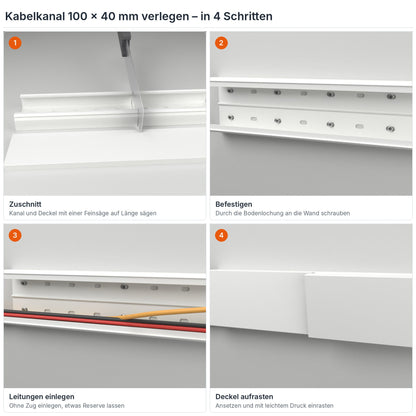 Kabelkanal 100×40 mm verlegen in 4 Schritten: Zuschnitt, Befestigen durch die Bodenlochung, Leitungen einlegen, Deckel aufrasten – Paket 20 Stangen