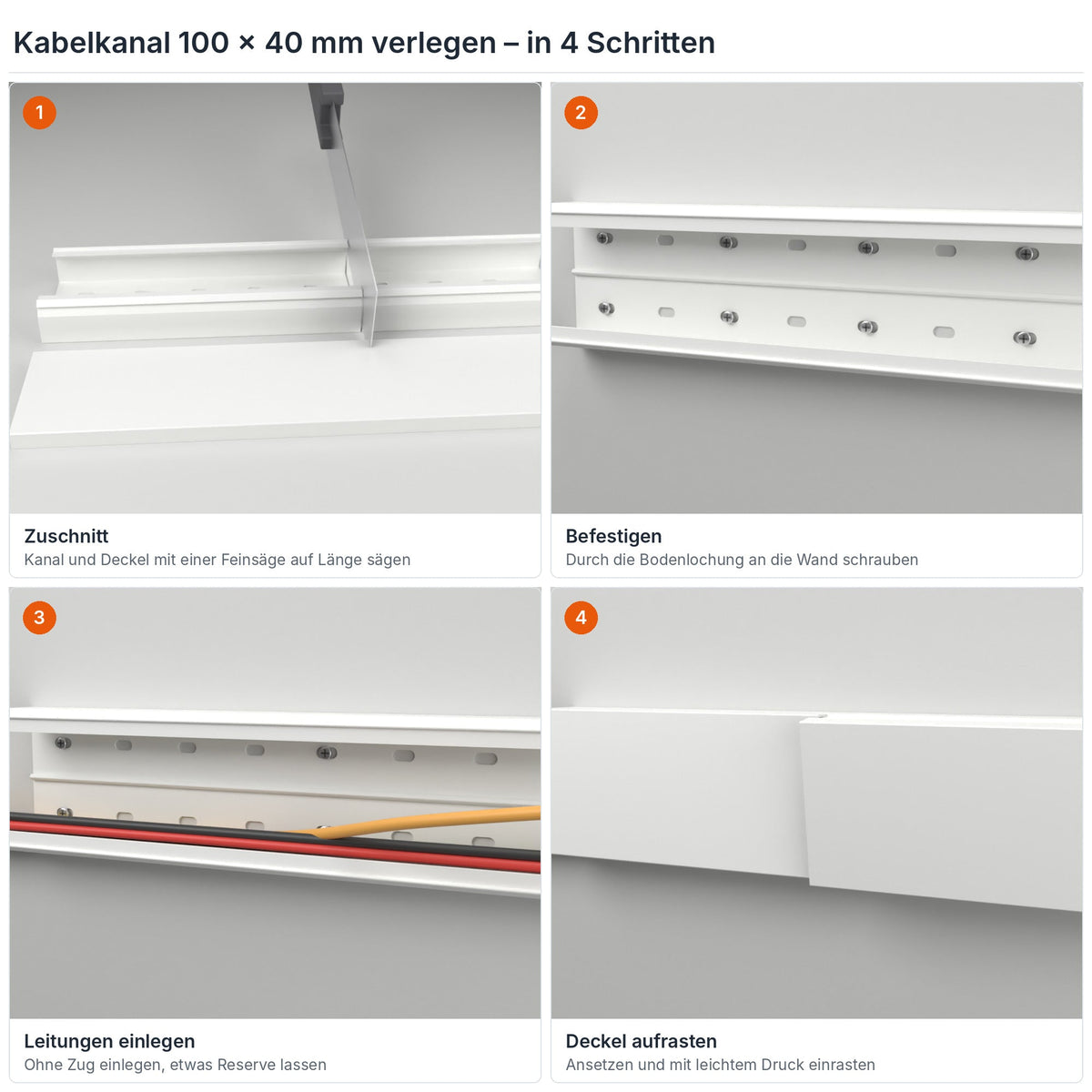 Kabelkanal 100×40 mm verlegen in 4 Schritten: Zuschnitt, Befestigen durch die Bodenlochung, Leitungen einlegen, Deckel aufrasten – Paket 10 Stangen