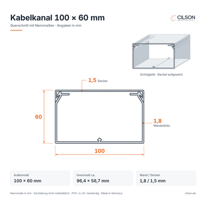 Maßskizze CILSON Kabelkanal 100×60 mm – Querschnitt mit Außenmaß 100 × 60 mm, Innenmaß ca. 96,4 × 56,7 mm, Wandstärke 1,8 mm, Deckel 1,5 mm – Paket 20 Stangen