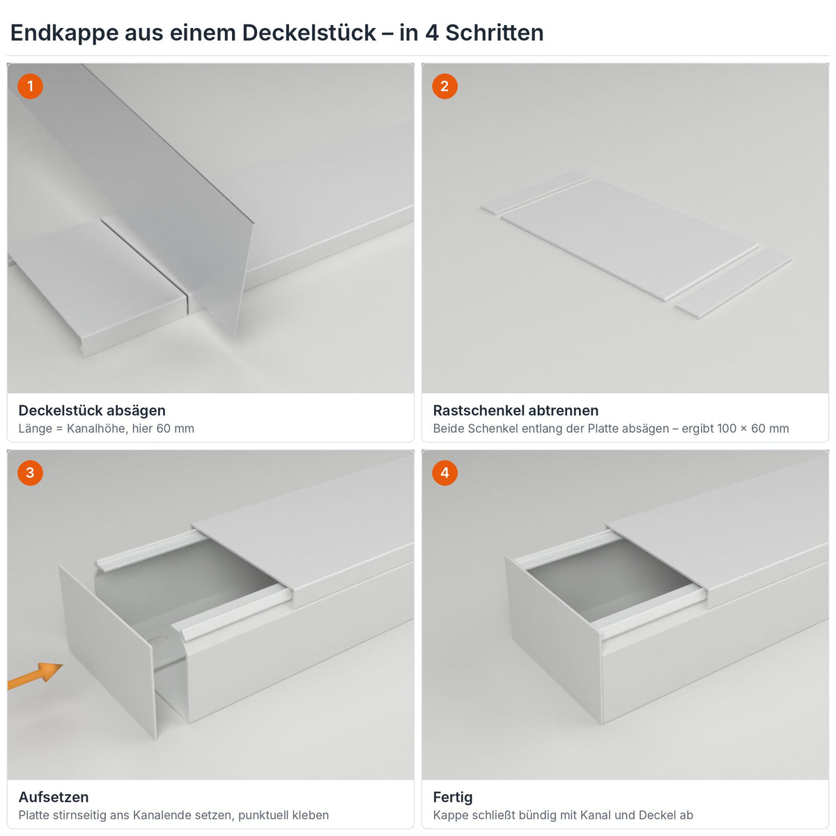 Endkappe für Kabelkanal 100×60 mm aus einem Deckelstück selbst herstellen – in 4 Schritten – Paket 20 Stangen