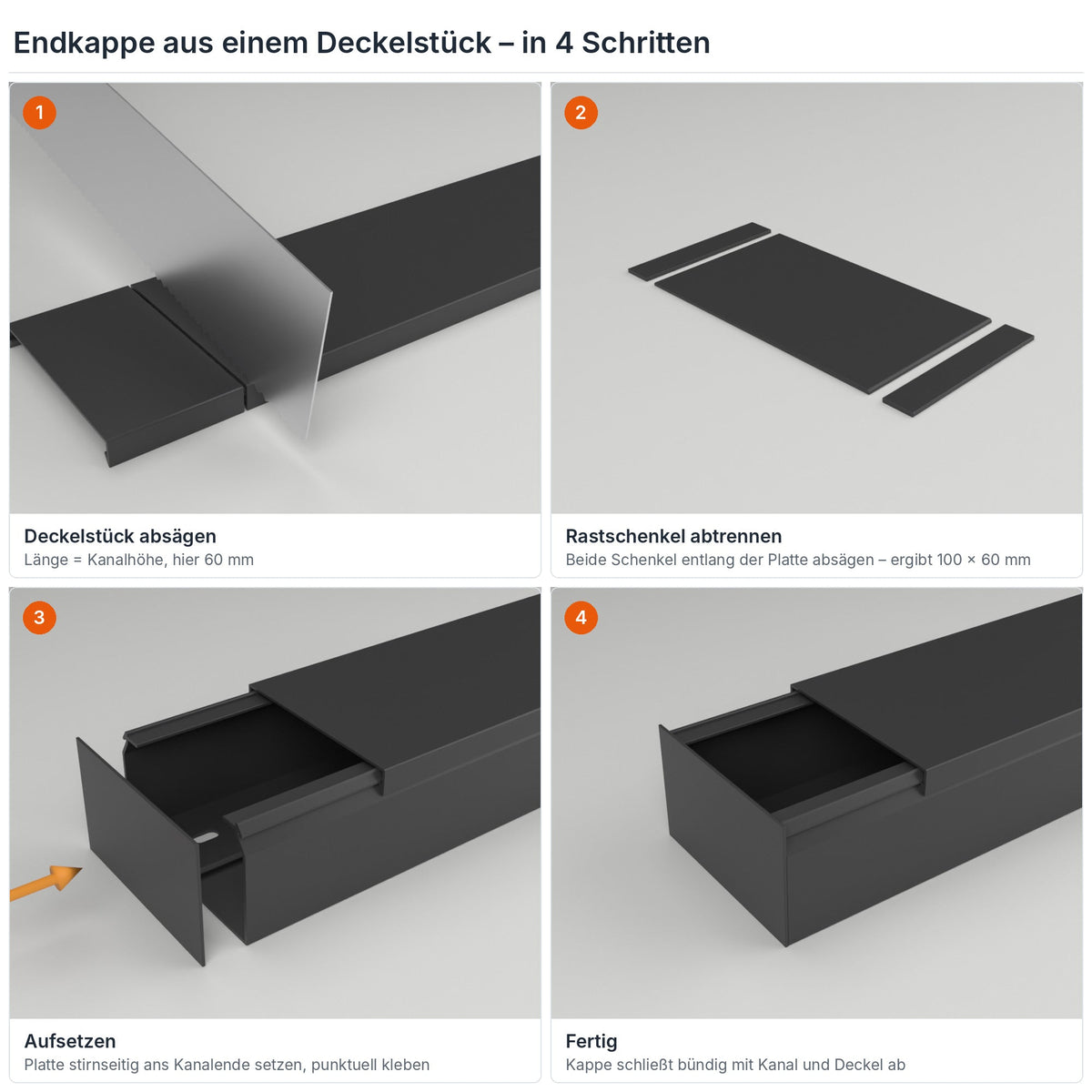 Endkappe für Kabelkanal 100×60 mm aus einem Deckelstück selbst herstellen – in 4 Schritten – Paket 10 Stangen