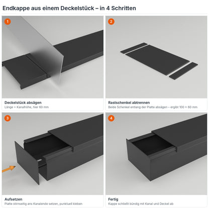 Endkappe für Kabelkanal 100×60 mm aus einem Deckelstück selbst herstellen – in 4 Schritten – Paket 20 Stangen