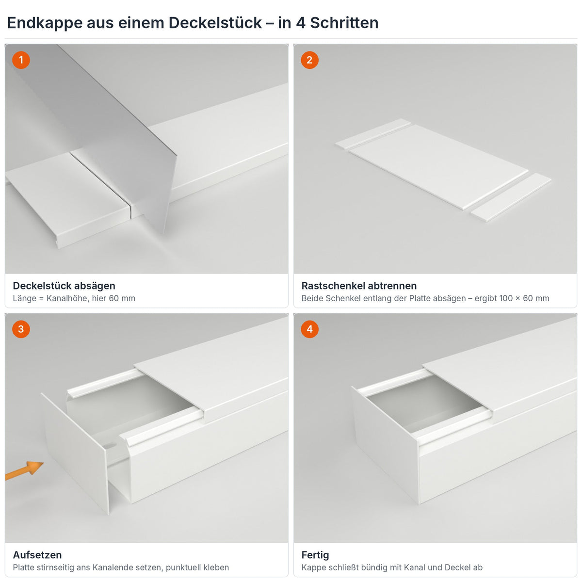 Endkappe für Kabelkanal 100×60 mm aus einem Deckelstück selbst herstellen – in 4 Schritten – Paket 20 Stangen