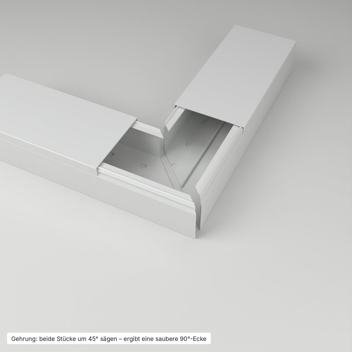Kabelkanal 100×60 mm Grau – Gehrung: beide Stücke um 45° gesägt ergeben eine saubere 90°-Ecke – Paket 10 Stangen