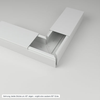 Kabelkanal 100×60 mm Grau – Gehrung: beide Stücke um 45° gesägt ergeben eine saubere 90°-Ecke – Paket 20 Stangen