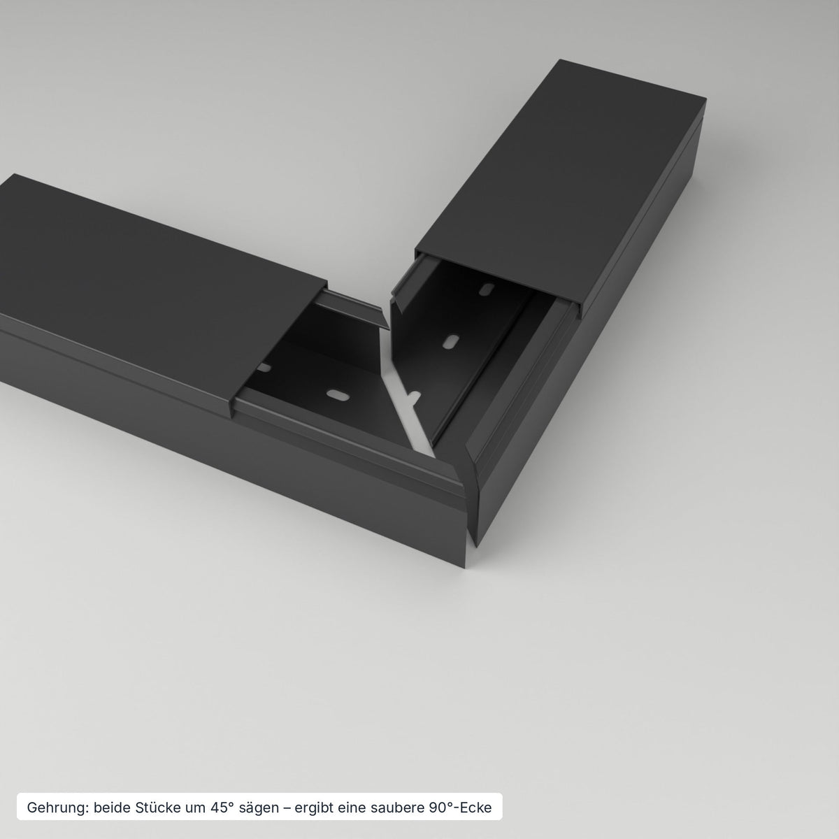 Kabelkanal 100×60 mm Schwarz – Gehrung: beide Stücke um 45° gesägt ergeben eine saubere 90°-Ecke – Paket 20 Stangen