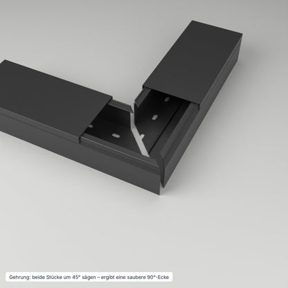 Kabelkanal 100×60 mm Schwarz – Gehrung: beide Stücke um 45° gesägt ergeben eine saubere 90°-Ecke – Paket 10 Stangen