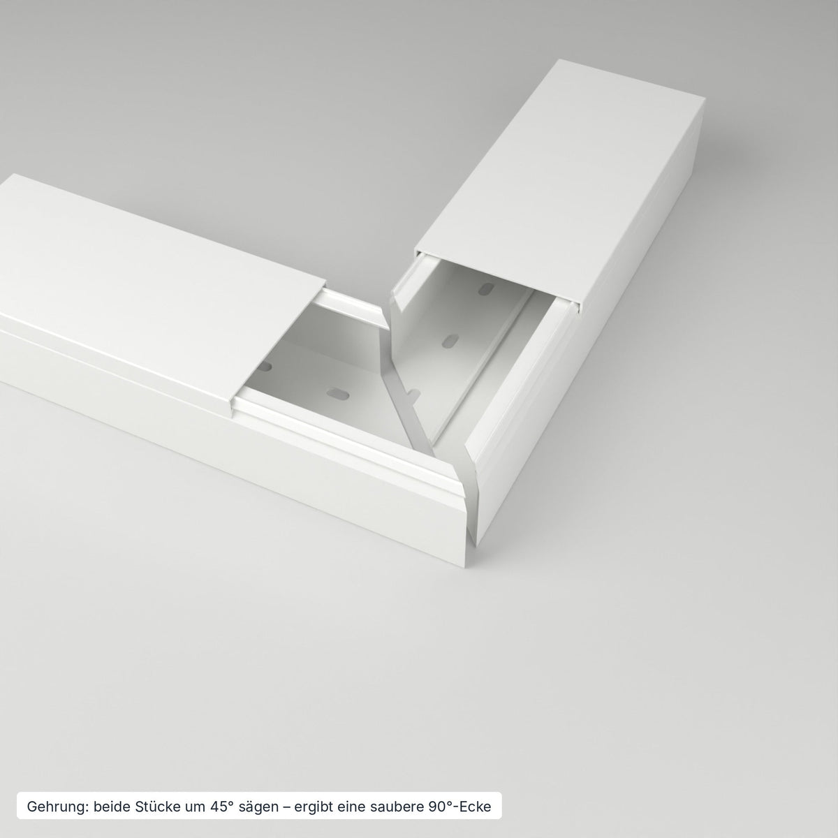Kabelkanal 100×60 mm Weiß – Gehrung: beide Stücke um 45° gesägt ergeben eine saubere 90°-Ecke – Paket 10 Stangen