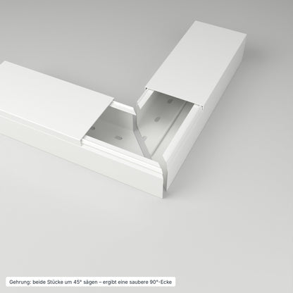 Kabelkanal 100×60 mm Weiß – Gehrung: beide Stücke um 45° gesägt ergeben eine saubere 90°-Ecke – Paket 20 Stangen