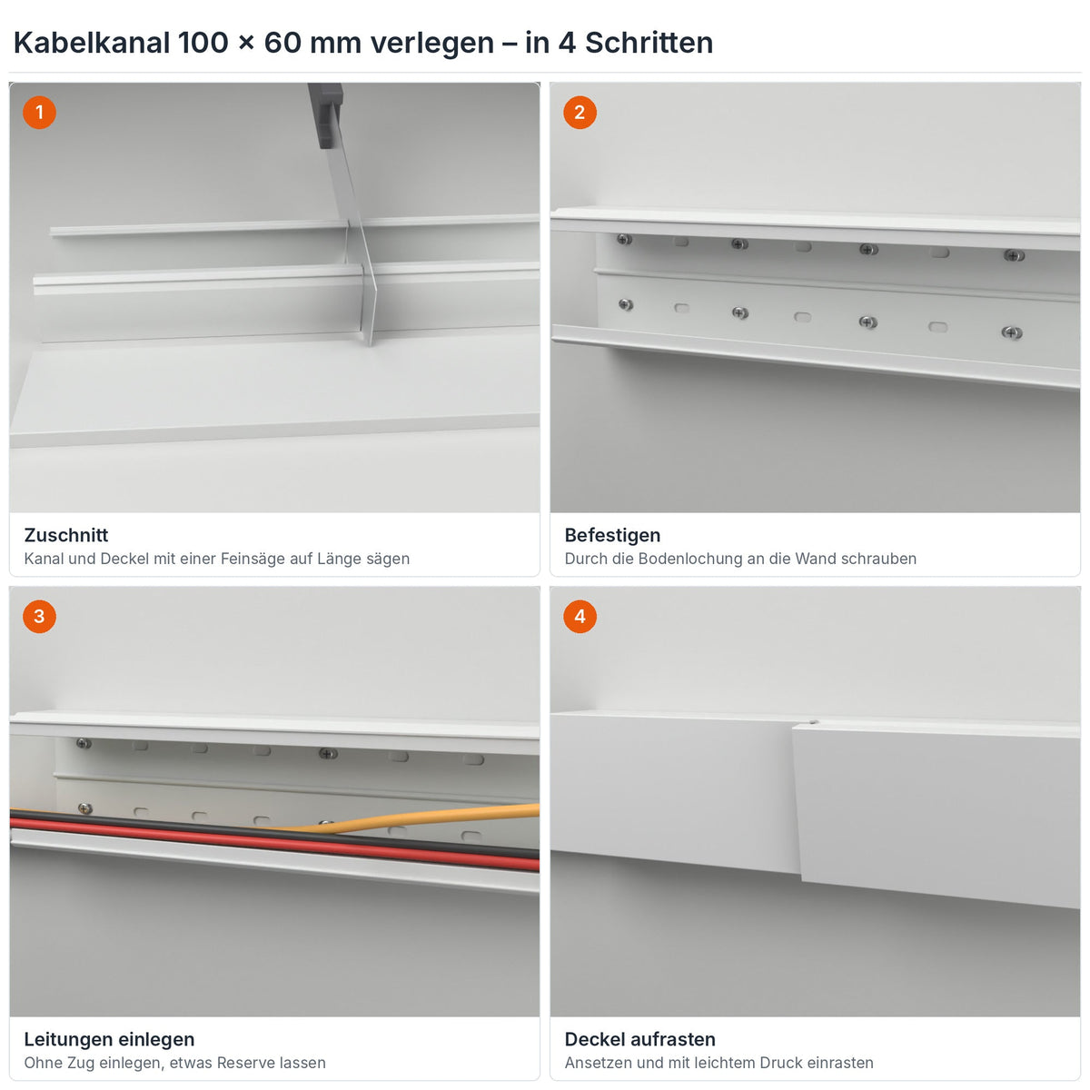 Kabelkanal 100×60 mm verlegen in 4 Schritten: Zuschnitt, Befestigen durch die Bodenlochung, Leitungen einlegen, Deckel aufrasten – Paket 10 Stangen