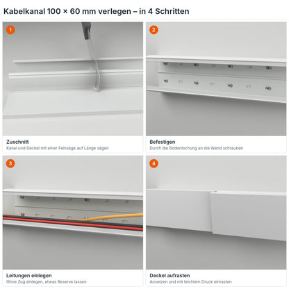 Kabelkanal 100×60 mm verlegen in 4 Schritten: Zuschnitt, Befestigen durch die Bodenlochung, Leitungen einlegen, Deckel aufrasten – Paket 10 Stangen