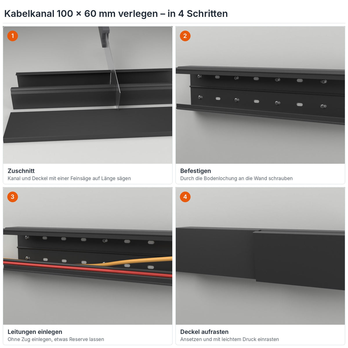 Kabelkanal 100×60 mm verlegen in 4 Schritten: Zuschnitt, Befestigen durch die Bodenlochung, Leitungen einlegen, Deckel aufrasten – Paket 10 Stangen