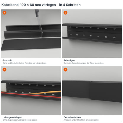 Kabelkanal 100×60 mm verlegen in 4 Schritten: Zuschnitt, Befestigen durch die Bodenlochung, Leitungen einlegen, Deckel aufrasten – Paket 10 Stangen