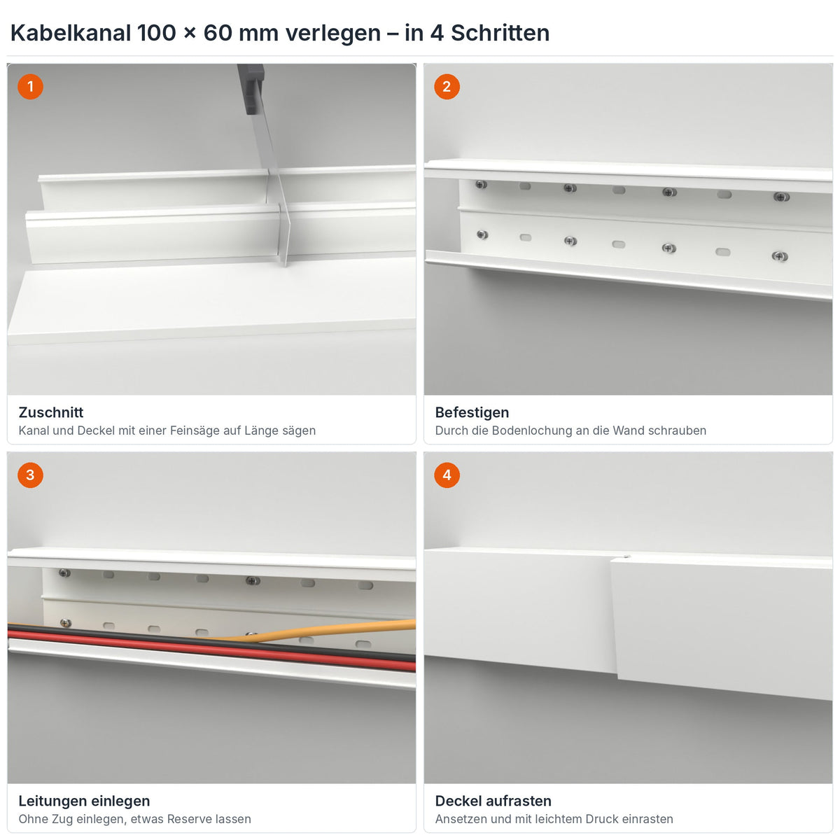Kabelkanal 100×60 mm verlegen in 4 Schritten: Zuschnitt, Befestigen durch die Bodenlochung, Leitungen einlegen, Deckel aufrasten – Paket 10 Stangen