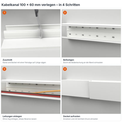 Kabelkanal 100×60 mm verlegen in 4 Schritten: Zuschnitt, Befestigen durch die Bodenlochung, Leitungen einlegen, Deckel aufrasten – Paket 10 Stangen