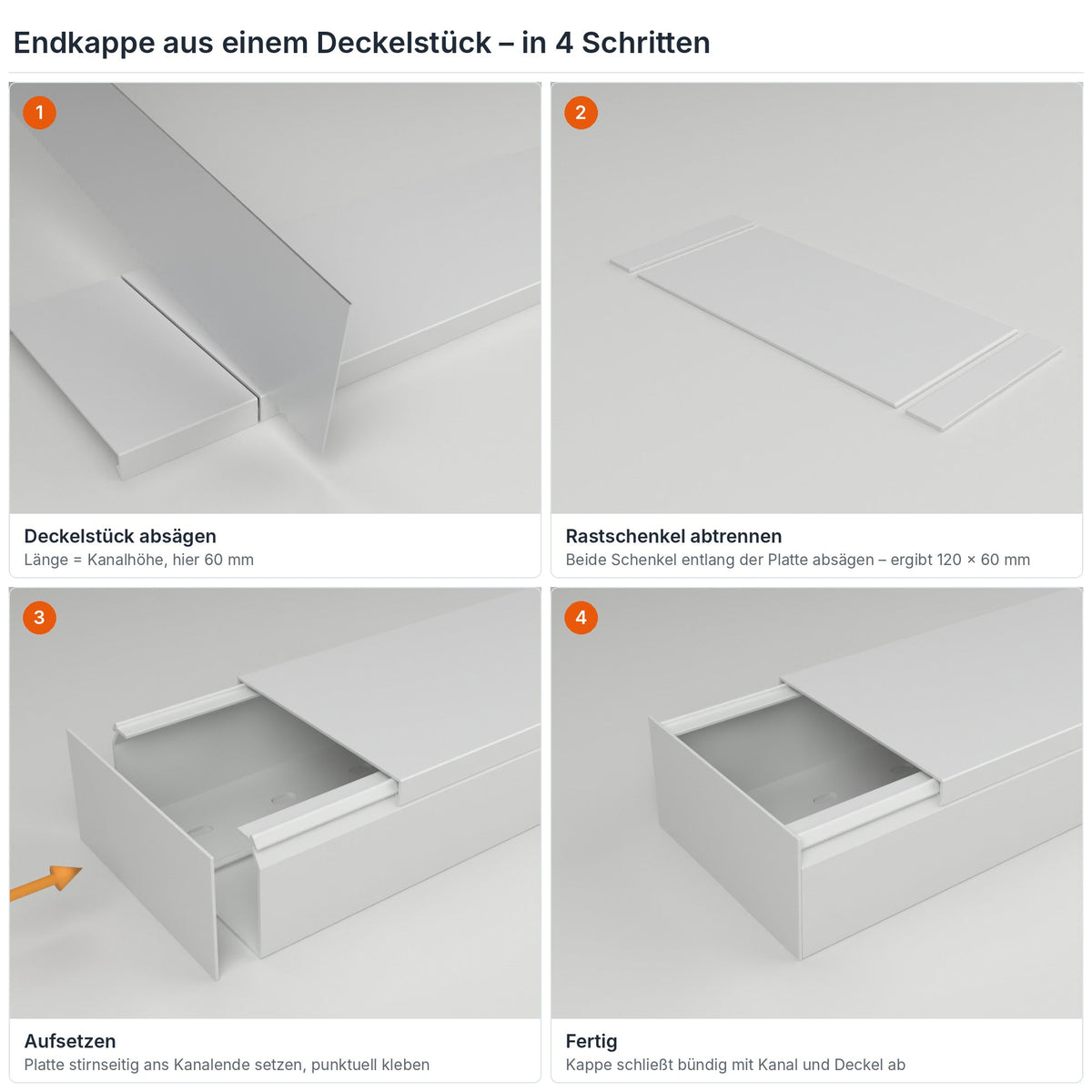 Endkappe für Kabelkanal 120×60 mm aus einem Deckelstück selbst herstellen – in 4 Schritten – Paket 10 Stangen
