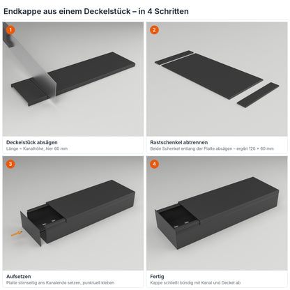 Endkappe für Kabelkanal 120×60 mm aus einem Deckelstück selbst herstellen – in 4 Schritten