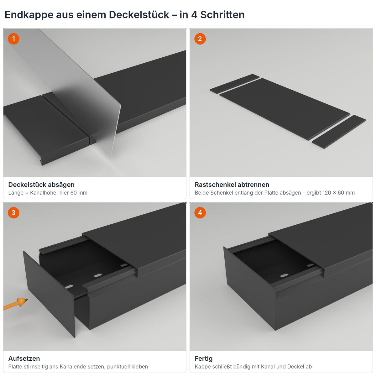 Endkappe für Kabelkanal 120×60 mm aus einem Deckelstück selbst herstellen – in 4 Schritten – Paket 20 Stangen