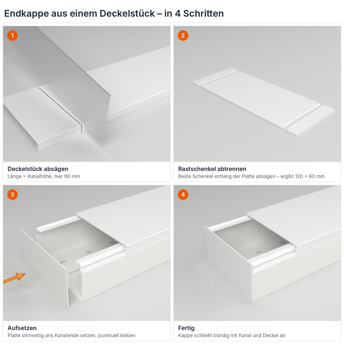 Endkappe für Kabelkanal 120×60 mm aus einem Deckelstück selbst herstellen – in 4 Schritten – Paket 10 Stangen