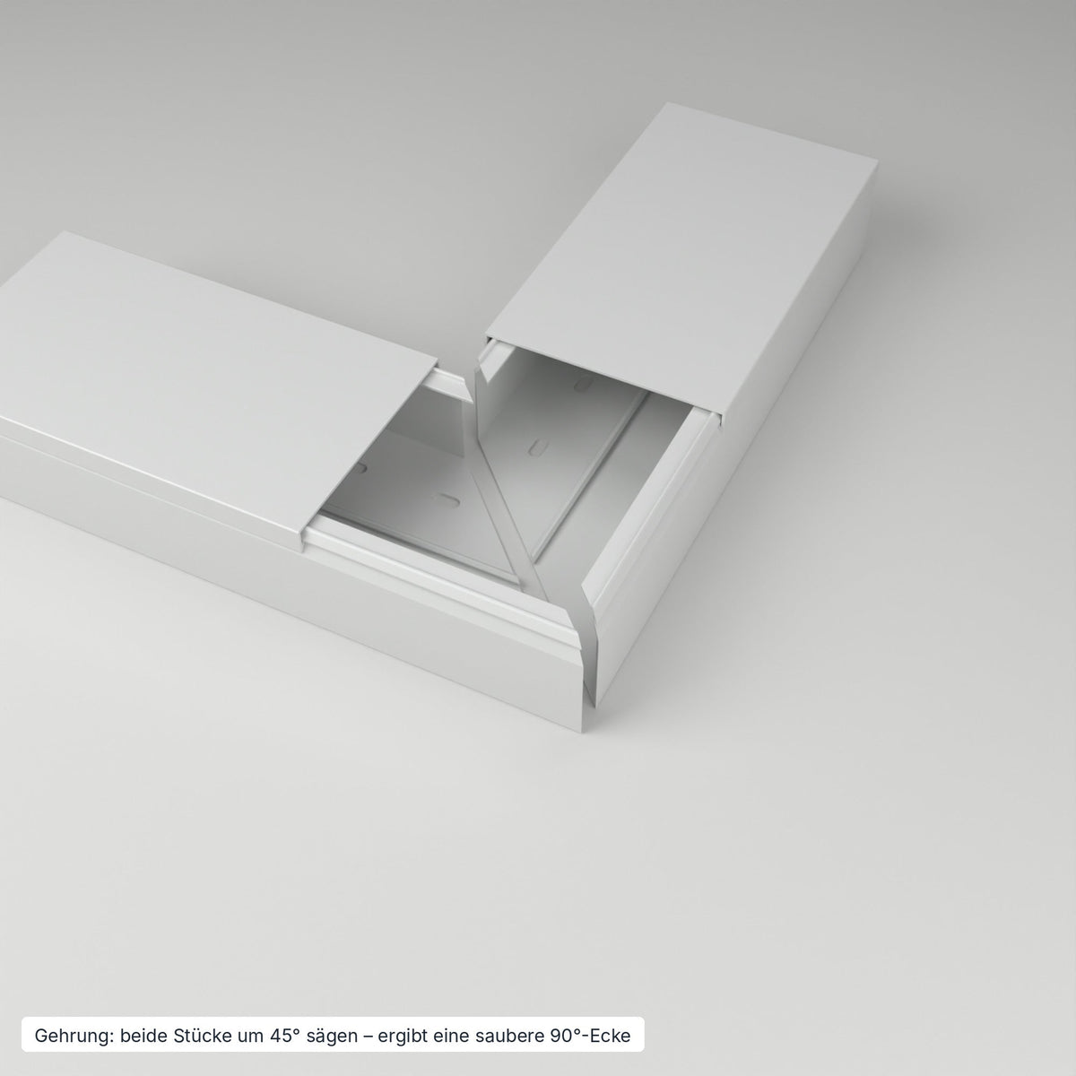 Kabelkanal 120×60 mm Grau – Gehrung: beide Stücke um 45° gesägt ergeben eine saubere 90°-Ecke – Paket 10 Stangen