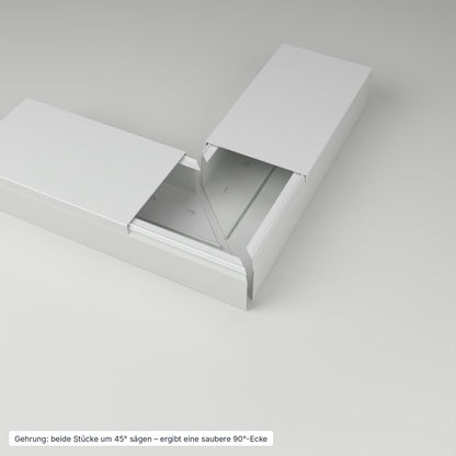Kabelkanal 120×60 mm Grau – Gehrung: beide Stücke um 45° gesägt ergeben eine saubere 90°-Ecke – Paket 10 Stangen