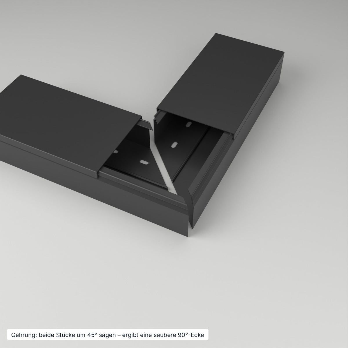 Kabelkanal 120×60 mm Schwarz – Gehrung: beide Stücke um 45° gesägt ergeben eine saubere 90°-Ecke – Paket 10 Stangen