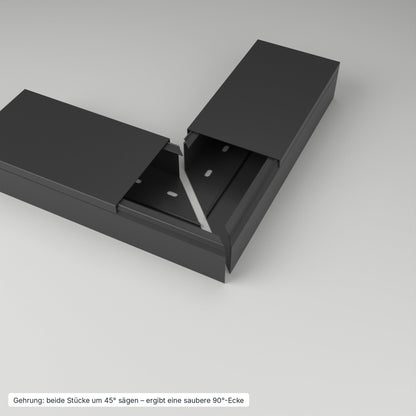 Kabelkanal 120×60 mm Schwarz – Gehrung: beide Stücke um 45° gesägt ergeben eine saubere 90°-Ecke – Paket 20 Stangen