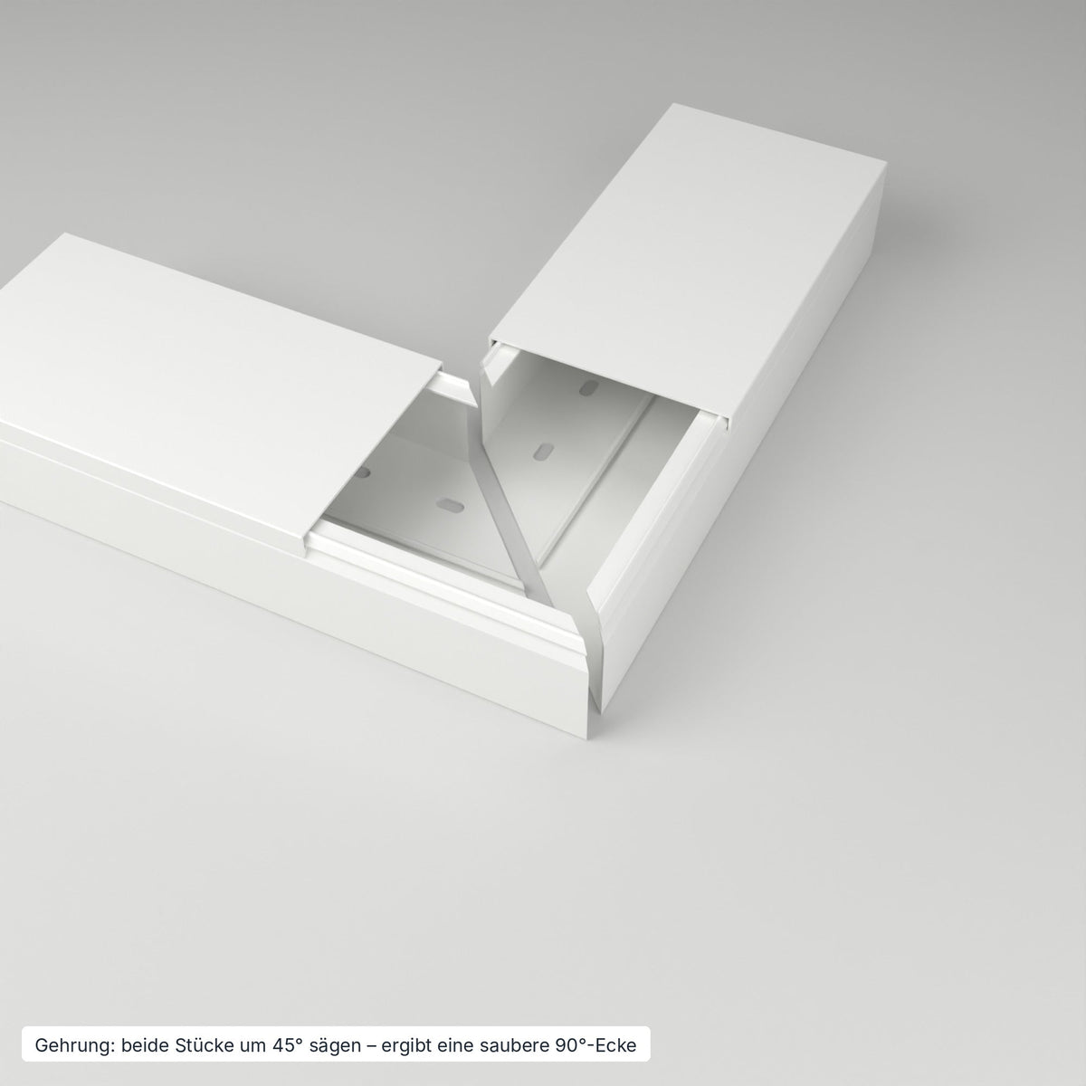 Kabelkanal 120×60 mm Weiß – Gehrung: beide Stücke um 45° gesägt ergeben eine saubere 90°-Ecke – Paket 10 Stangen