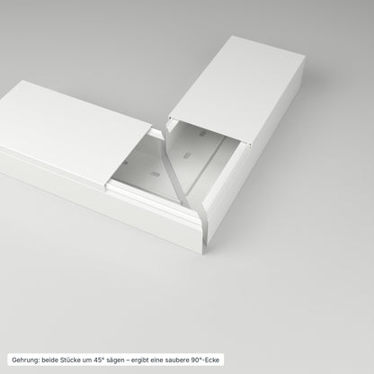 Kabelkanal 120×60 mm Weiß – Gehrung: beide Stücke um 45° gesägt ergeben eine saubere 90°-Ecke – Paket 10 Stangen