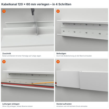 Kabelkanal 120×60 mm verlegen in 4 Schritten: Zuschnitt, Befestigen durch die Bodenlochung, Leitungen einlegen, Deckel aufrasten – Paket 10 Stangen
