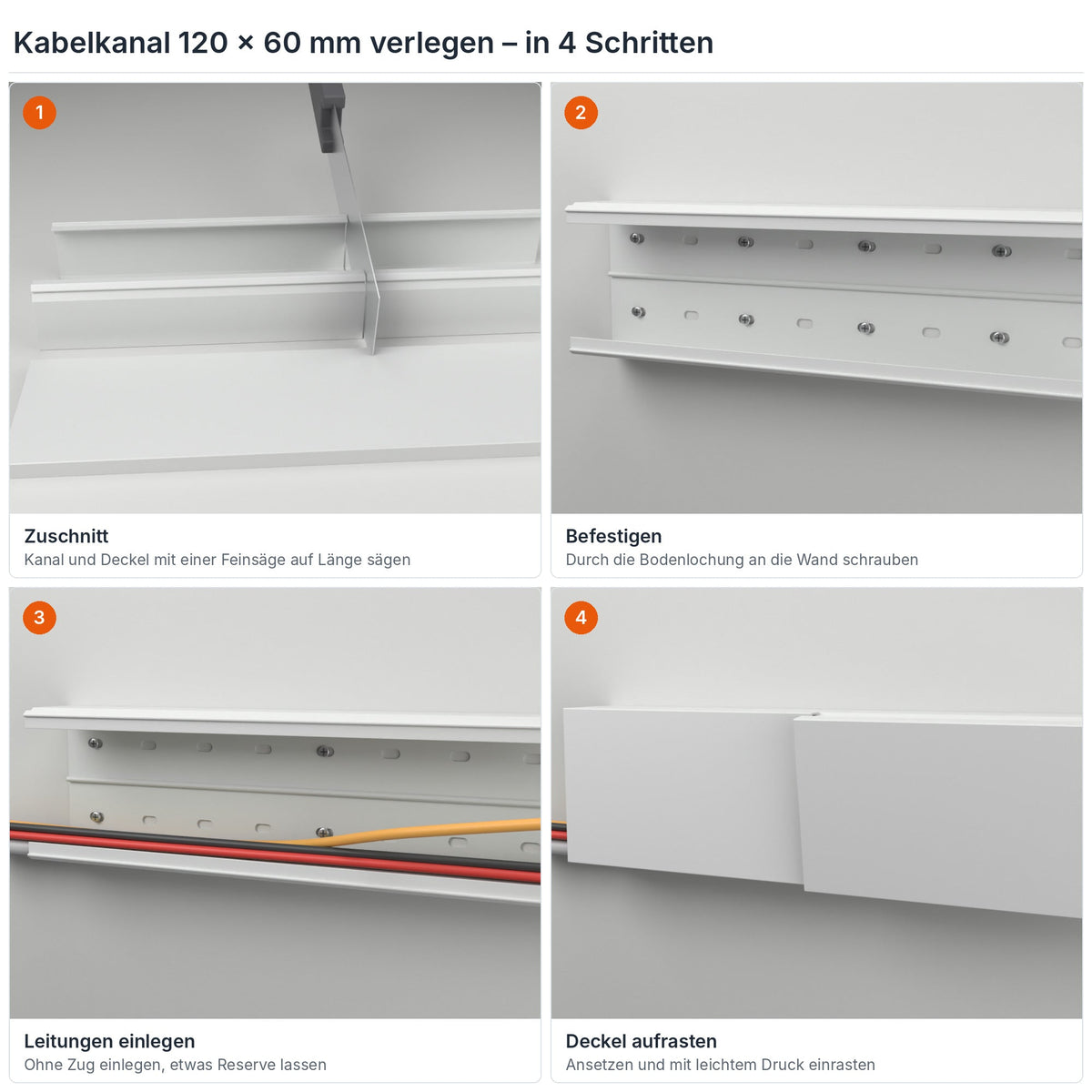 Kabelkanal 120×60 mm verlegen in 4 Schritten: Zuschnitt, Befestigen durch die Bodenlochung, Leitungen einlegen, Deckel aufrasten – Paket 20 Stangen