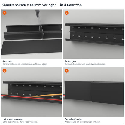 Kabelkanal 120×60 mm verlegen in 4 Schritten: Zuschnitt, Befestigen durch die Bodenlochung, Leitungen einlegen, Deckel aufrasten – Paket 10 Stangen