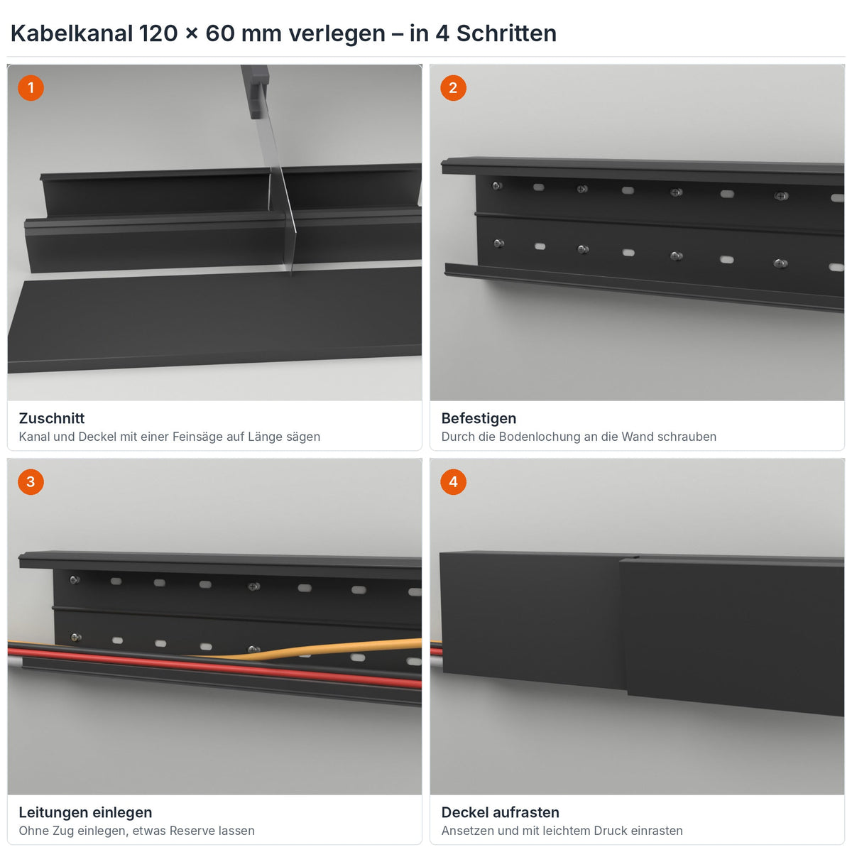 Kabelkanal 120×60 mm verlegen in 4 Schritten: Zuschnitt, Befestigen durch die Bodenlochung, Leitungen einlegen, Deckel aufrasten – Paket 20 Stangen