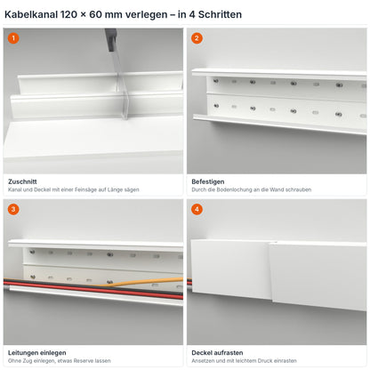Kabelkanal 120×60 mm verlegen in 4 Schritten: Zuschnitt, Befestigen durch die Bodenlochung, Leitungen einlegen, Deckel aufrasten – Paket 20 Stangen