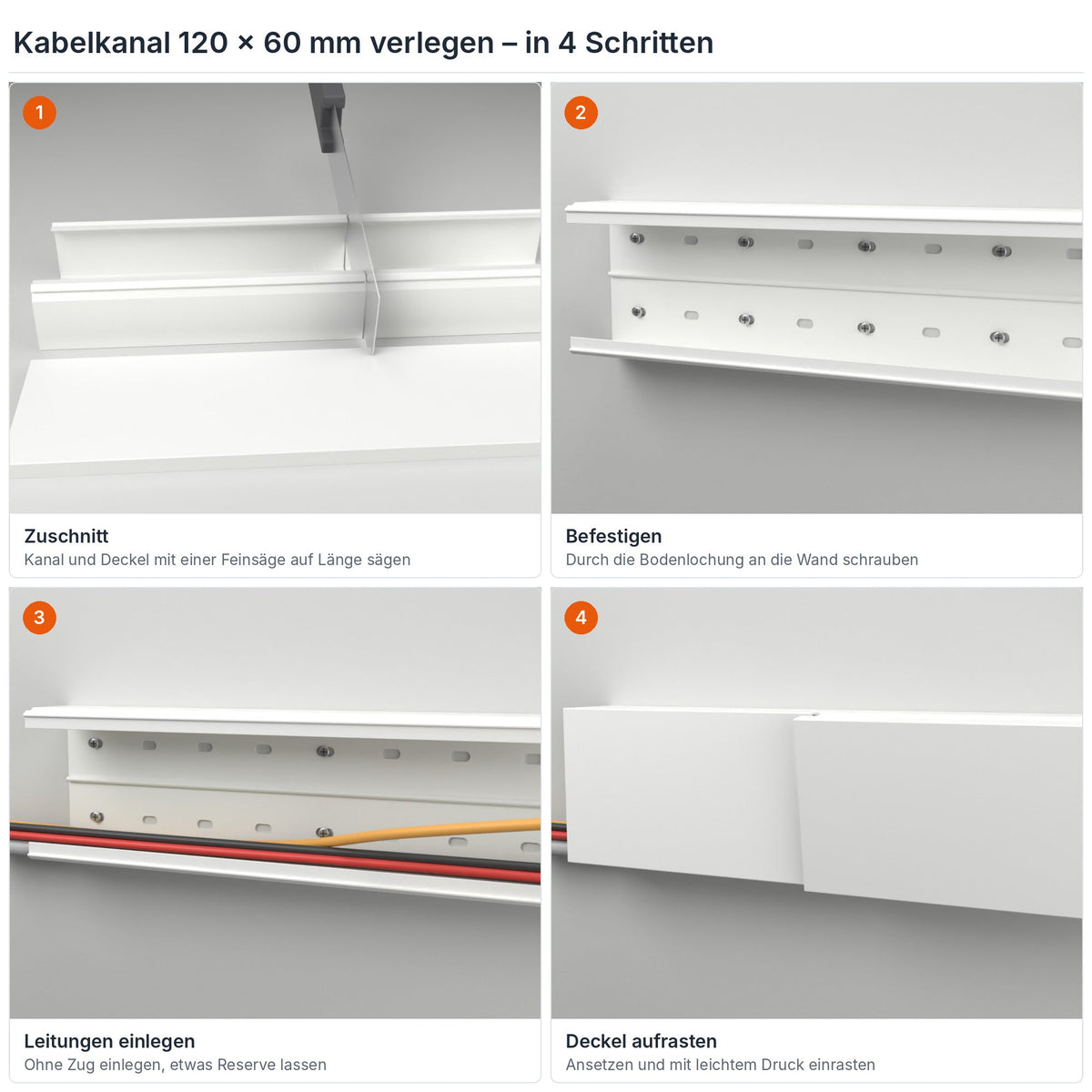 Kabelkanal 120×60 mm verlegen in 4 Schritten: Zuschnitt, Befestigen durch die Bodenlochung, Leitungen einlegen, Deckel aufrasten – Paket 10 Stangen