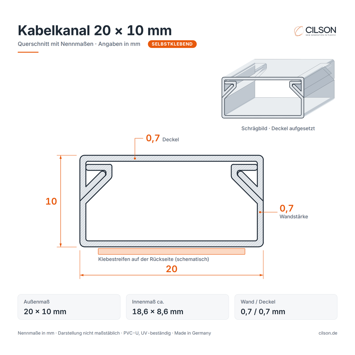 Maßskizze CILSON Kabelkanal 20×10 mm selbstklebend – Querschnitt mit Außenmaß 20 × 10 mm, Innenmaß ca. 18,6 × 8,6 mm, Wandstärke 0,7 mm, Deckel 0,7 mm, Klebestreifen auf der Rückseite