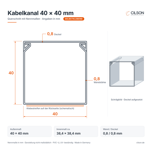 Maßskizze CILSON Kabelkanal 40×40 mm selbstklebend – Querschnitt mit Außenmaß 40 × 40 mm, Innenmaß ca. 38,4 × 38,4 mm, Wandstärke 0,8 mm, Deckel 0,8 mm, Klebestreifen auf der Rückseite