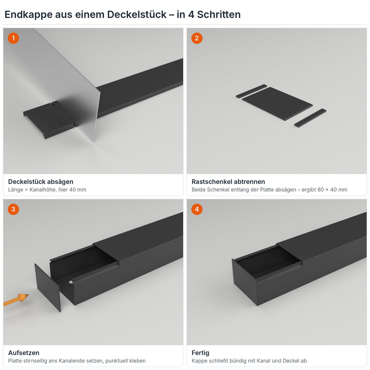 Endkappe für Kabelkanal 60×40 mm aus einem Deckelstück selbst herstellen – in 4 Schritten – Paket 10 Stangen