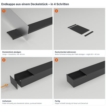 Endkappe für Kabelkanal 60×40 mm aus einem Deckelstück selbst herstellen – in 4 Schritten – Paket 10 Stangen