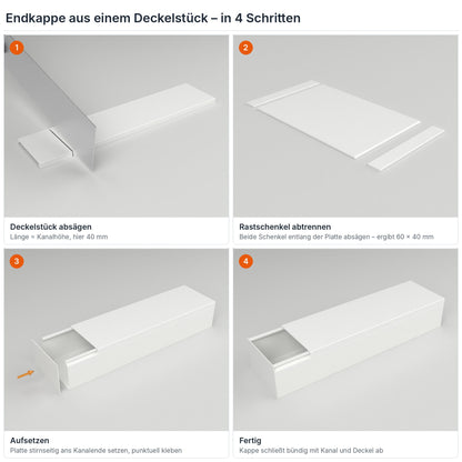 Endkappe für Kabelkanal 60×40 mm aus einem Deckelstück selbst herstellen – in 4 Schritten – Paket 20 Stangen
