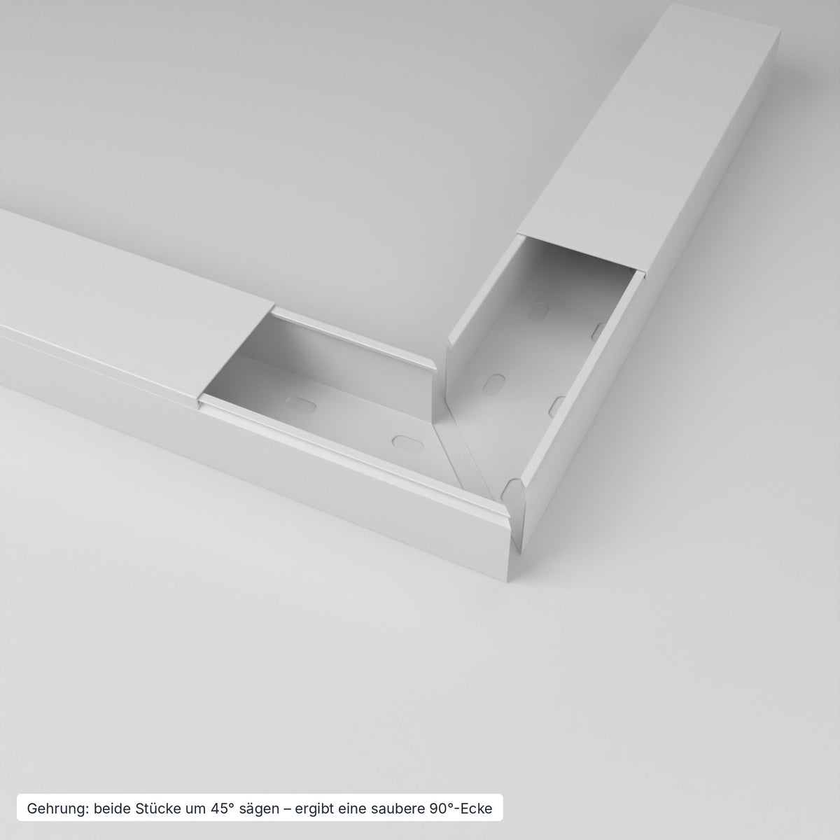Kabelkanal 60×40 mm Grau – Gehrung: beide Stücke um 45° gesägt ergeben eine saubere 90°-Ecke – Paket 10 Stangen