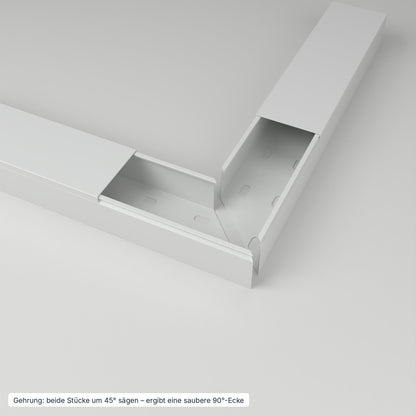 Kabelkanal 60×40 mm Grau – Gehrung: beide Stücke um 45° gesägt ergeben eine saubere 90°-Ecke – Paket 10 Stangen