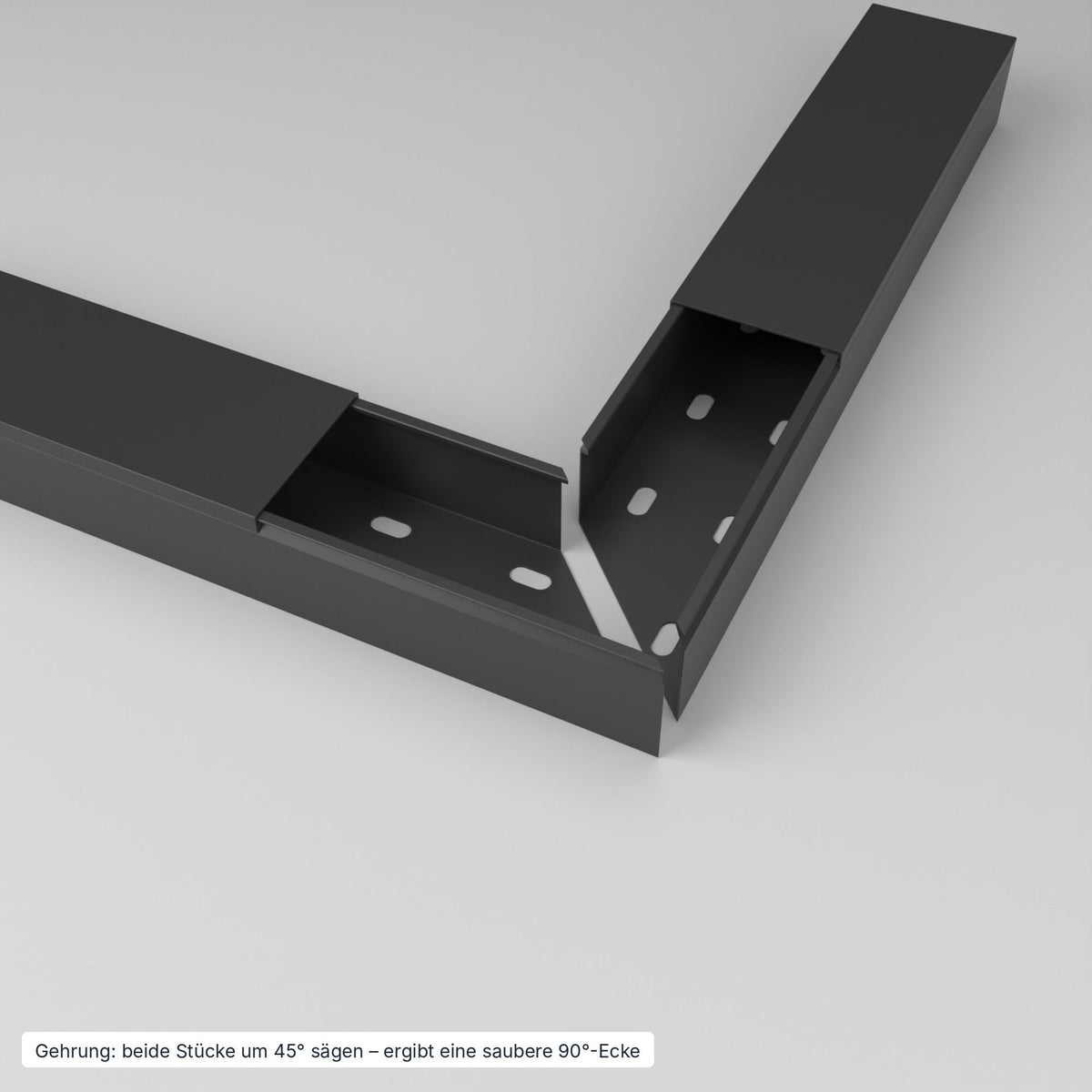 Kabelkanal 60×40 mm Schwarz – Gehrung: beide Stücke um 45° gesägt ergeben eine saubere 90°-Ecke – Paket 20 Stangen