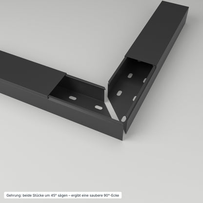 Kabelkanal 60×40 mm Schwarz – Gehrung: beide Stücke um 45° gesägt ergeben eine saubere 90°-Ecke – Paket 20 Stangen