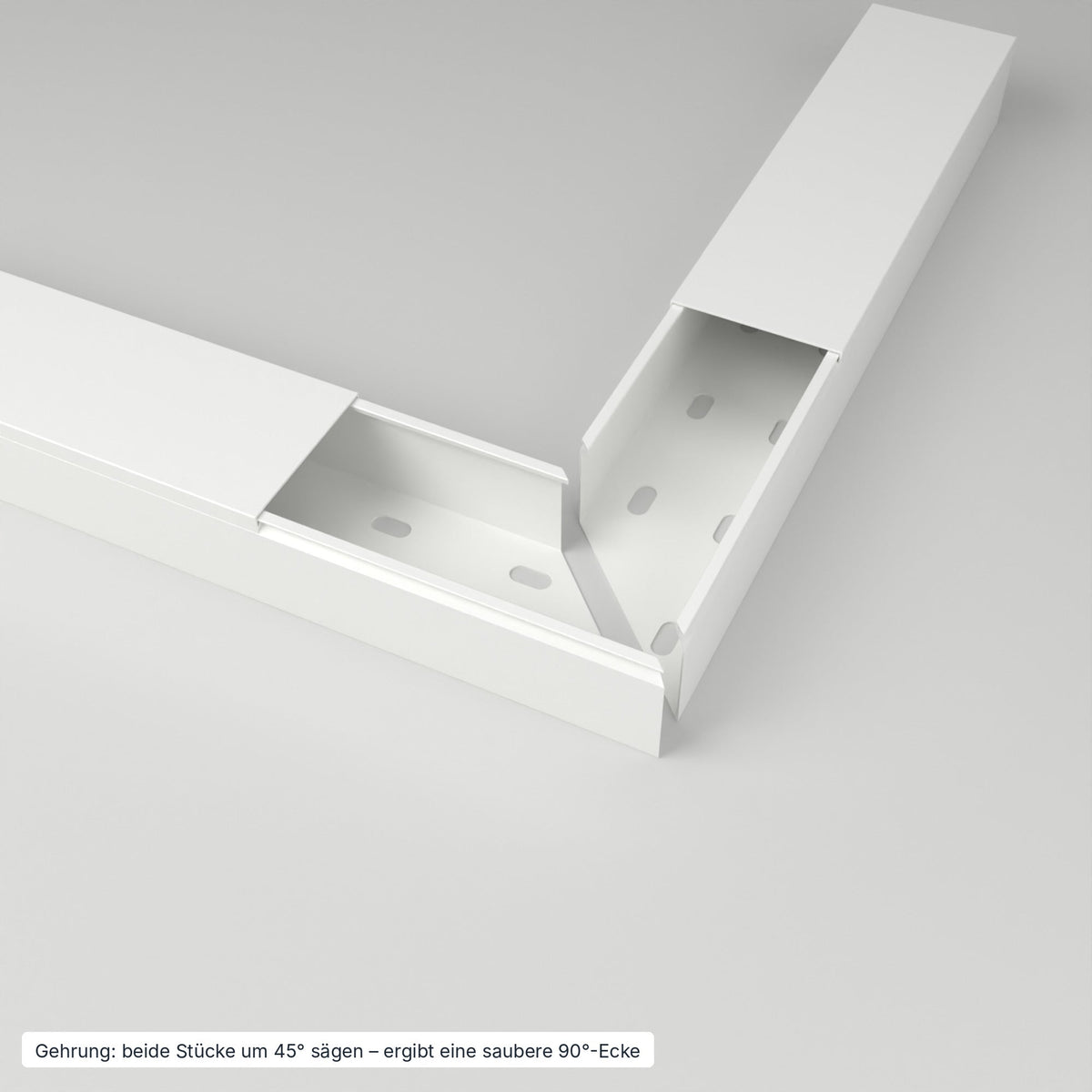 Kabelkanal 60×40 mm Weiß – Gehrung: beide Stücke um 45° gesägt ergeben eine saubere 90°-Ecke – Paket 10 Stangen