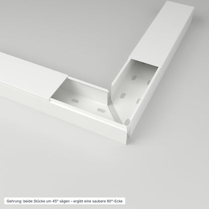 Kabelkanal 60×40 mm Weiß – Gehrung: beide Stücke um 45° gesägt ergeben eine saubere 90°-Ecke – Paket 10 Stangen