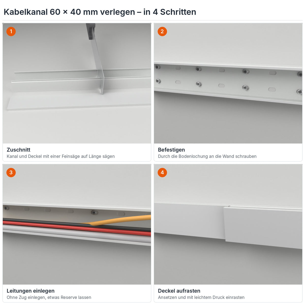 Kabelkanal 60×40 mm verlegen in 4 Schritten: Zuschnitt, Befestigen durch die Bodenlochung, Leitungen einlegen, Deckel aufrasten – Paket 10 Stangen