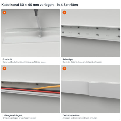 Kabelkanal 60×40 mm verlegen in 4 Schritten: Zuschnitt, Befestigen durch die Bodenlochung, Leitungen einlegen, Deckel aufrasten – Paket 20 Stangen