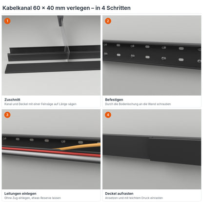 Kabelkanal 60×40 mm verlegen in 4 Schritten: Zuschnitt, Befestigen durch die Bodenlochung, Leitungen einlegen, Deckel aufrasten – Paket 20 Stangen