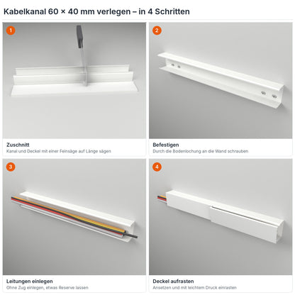 Kabelkanal 60×40 mm verlegen in 4 Schritten: Zuschnitt, Befestigen durch die Bodenlochung, Leitungen einlegen, Deckel aufrasten – Paket 20 Stangen